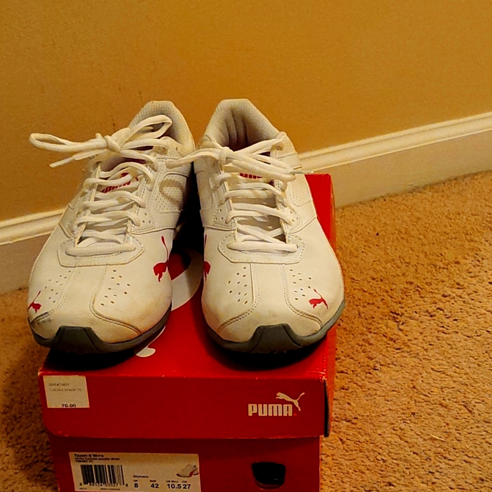 Pink and white stripe Puma sneakers